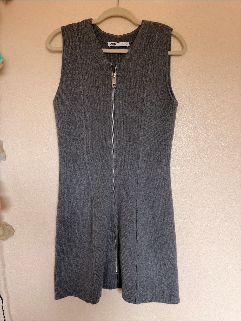 Zara Gray Sleeveless Knit Midi Dress with Front Zip